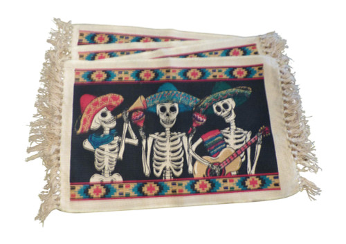 Gothic Skeleton Mariachi Placemats Black - Set of 4 Day of The Dead Dia de Los Muertos Square Mexican Decor Cotton Place Mats for Dining Table