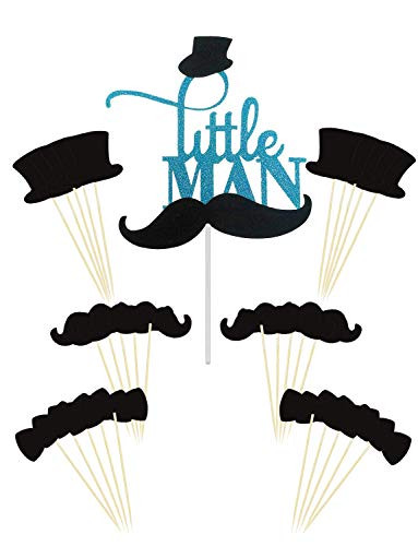 Joyclub Blue Little MAN Cake Topper Mini Mustache Hat Bowtie Cupcake Picks For Baby Shower Birthday Party Decorations Supplies(31 pack)