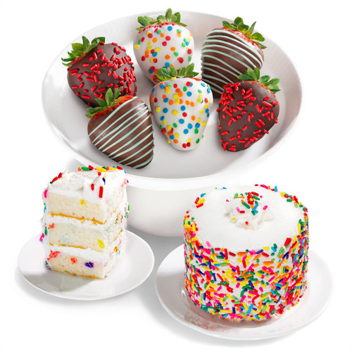 A Gift Inside Happy Birthday Dipped Strawberries with Petite Birthday Cake - 6ct