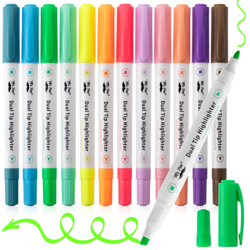 Mr. Pen- Dual Tip Highlighters, Pastel Colors, 12 Pack, Fine & Chisel Tip Highlighters Assorted Colors, Colored Highlighters, Highlighter Pens, Highlighter Markers, Markers for Journaling