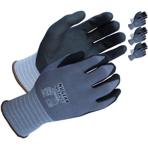 Nugear NBK3416 Safety Work Gloves-3 Pairs, MicroFoam Nitrile Coated Work Gloves, Nylon Gloves, Firm Grip Working Gloves (Gray, 3 Pairs, Large)