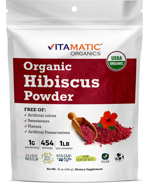Vitamatic Certified USDA Organic Hibiscus Flower Powder 1 Pound (16 Ounce)