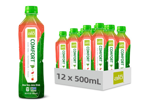 Alo Comfort Watermelon and Peach Aloe Vera Juice Drink, 16.9 Fluid Ounce - 12 per case.