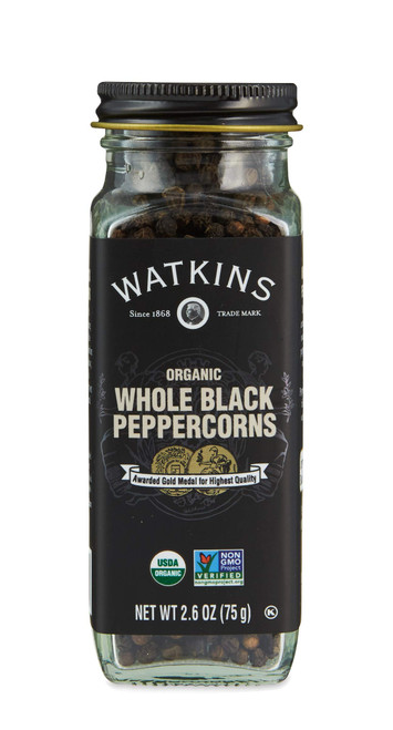 Watkins Gourmet Organic Spice Jar, Whole Black Peppercorns, Non-GMO, Kosher, 2.6 oz. Bottle, 1-Pack Watkins Gourmet Organic Spice Jar, Whole Black Peppercorns, Non-GMO, Kosher, 2.6 oz. Bottle, 1-Pack