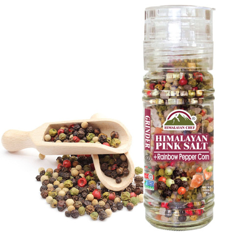 Himalayan Chef Pink Authentic Himalayan Salt Grinder, Rainbow Pepper Corn-Salt, 6 Ounces