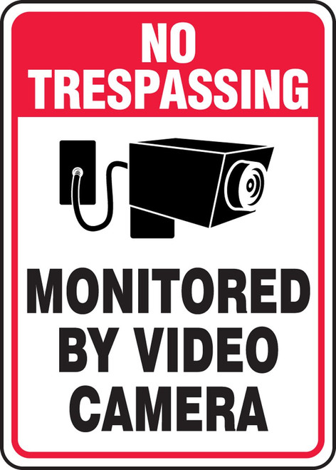 Accuform MASE900VP Plastic Safety Sign,"NO TRESPASSING Monitored by Video Camera" with Graphic, 10" Length x 7" Width x 0.055" Thickness, Red/Black on White