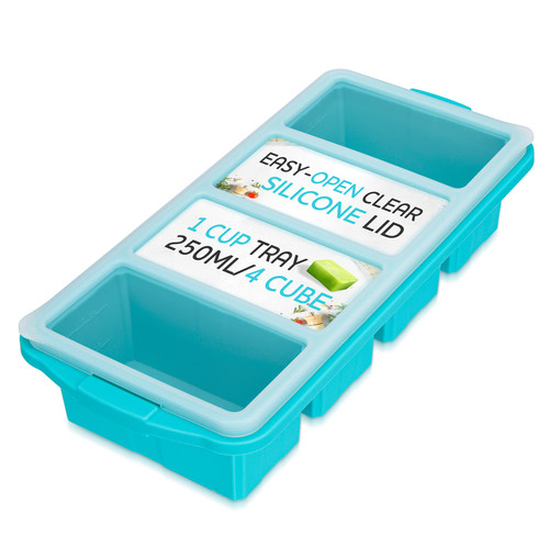 XOMOO Silicone Freezer Tray With Lid - Soup Freezer Container molds - Large Ice Cube Tray- makes 4 perfect 1 cup portions cubes?1-Pack Freezer Storage Food Soups & Meal Prep-Oven & Dishwasher -Safe