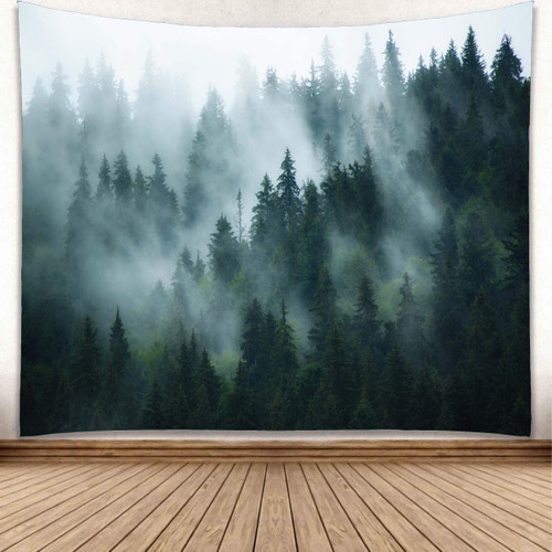 YISURE Forest Tapestry Wall Hanging Foggy Tree Tapestry Nature Misty Forest Mountain Wall Tapestries Woodland Landscape Backdrop for Dorm Room Living Home Office Large, Grey Green, 91(W) X71(L) Inch