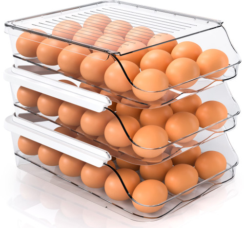 Utopia Kitchen Rolling Egg Container for Refrigerator with Lid - Pack of 3 Stackable Plastic Egg Holder for Refrigerator - Clear Egg Tray for Refrigerator or Fridge Organizer