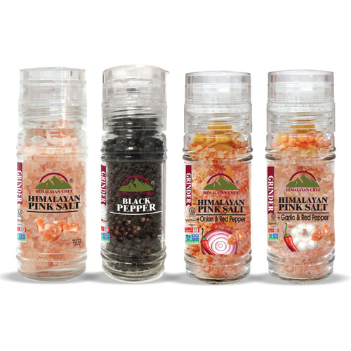 Himalayan Chef Salt & Pepper Grinder Variety Pack (Pink Salt, Black Peppercorn, Onion Salt, Garlic Salt), 1 Count(Pack of 4)