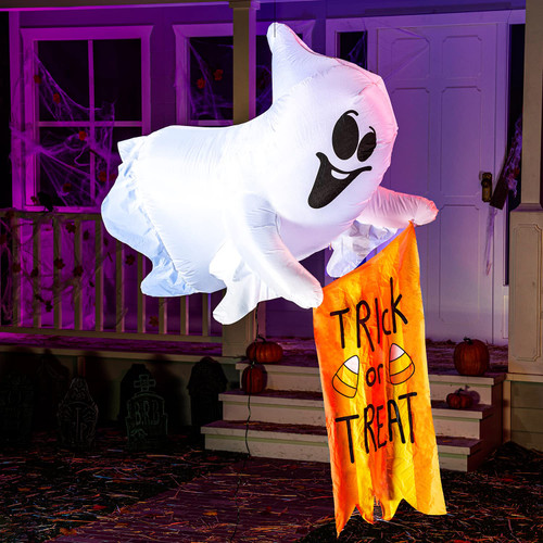 Joiedomi 5 FT Tall Halloween Inflatable Hanging Ghost with Trick or Treat Flag, Blow Up Ghost Inflatable with Build-in LED, Inflatable for Halloween Party Indoor, Outdoor, Yard, Garden Lawn Decoration