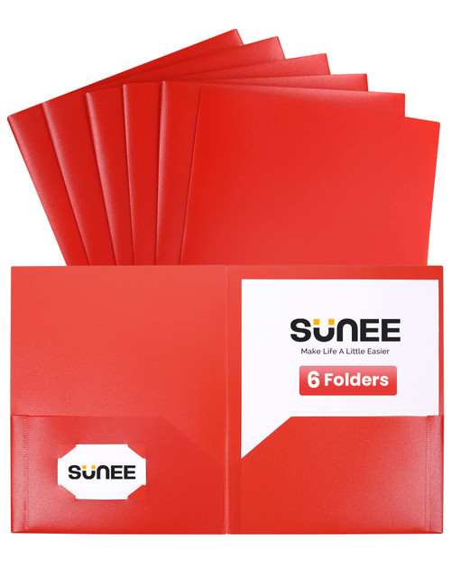 SUNEE 2 Pocket Folders (6 Pack, Red) Heavy-Duty Plastic Folders with Pockets, Fit 8.5x11 Letter Size Paper, 2-Pocket File Folders for Kids, Home, School, Office