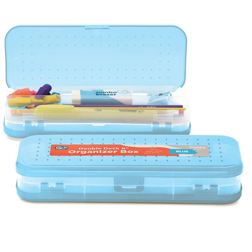 Enday Pencil Box Blue, Plastic Double Deck Pencil Case with 7 Compartments, Box Organizer with Snap Closure for Home and Office