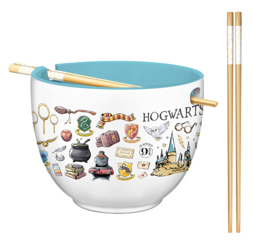 Silver Buffalo Harry Potter Hogwarts Destination Ceramic Ramen Bowl with Chopsticks, 20 Ounces, White/Multi