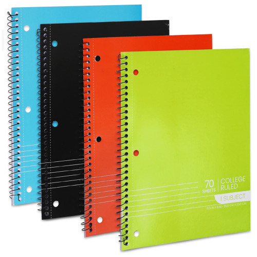 Spiral Notebooks, 1-Subject Notebook, College Ruled Spiral Notebooks - 70 Sheets - 3 Hole Punched, 1 Subject Notebooks for School Classroom, Home, Office - Perforated Pages, Assorted Colors - (4 Pack)