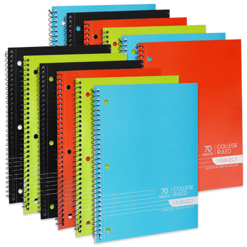 Spiral Notebooks, 1-Subject Notebook, College Ruled Spiral Notebooks - 70 Sheets - 3 Hole Punched, 1 Subject Notebooks for School Classroom, Home, Office - Perforated Pages, Assorted Colors - (12 Pack)