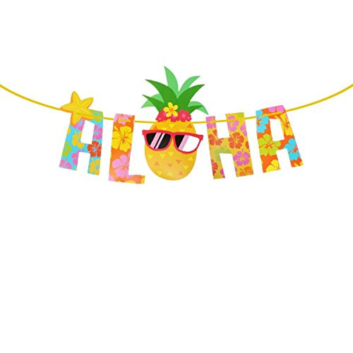 Tropical Luau Theme Party Decorations Aloha Pineapple Banner Hawaiian Luau Colorful Summer Beach Tropical Party Supplies Photography Props Party Banner Home Wall Hibiscus Flowers (Pineapple Banner)