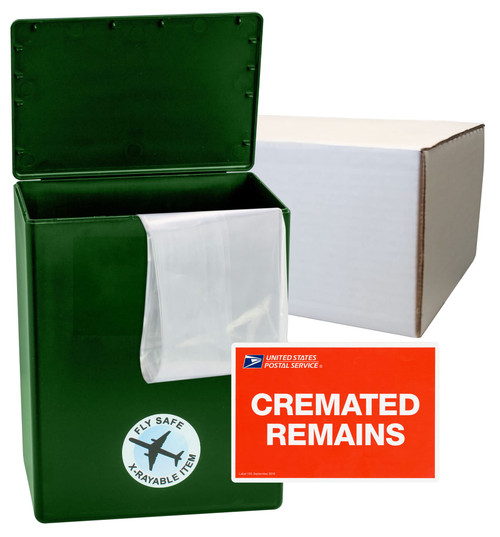 TSA Approved Fly-Safe and Temporary Travel Cremation Urn Kit for Human Ashes - Airline and Mail Friendly - 200 Cubic Inch Capacity - Airline-Ready Green Plastic Urn with Included Mailing Box