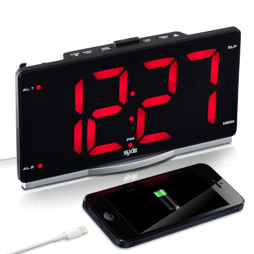 Sxe 9" LED Digital Alarm Clock Radio-Large Numbers-Easy to Read-Dual Alarms-2 USB Charging Ports for Bedroom, Home Office