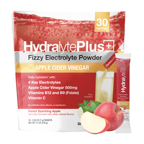 Hydralyte Plus Apple Cider Vinegar - Electrolytes and ACV Powder Drink, Low Sugar Hydration Powder Packets Formulated for Rapid Rehydration - Sweet Sparkling Apple, 30 Count
