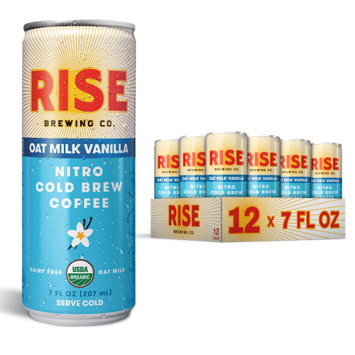 RISE Brewing Co. Vanilla Oat Milk Nitro Cold Brew Coffee, No Sugar Added & No Dairy, Organic & Non-GMO, Low Acidity & Vegan, 7 fl. Oz. Cans RISE Brewing Co. Vanilla Oat Milk Nitro Cold Brew Coffee, No Sugar Added & No Dairy, Organic & Non-GMO, Low Acidity & Vegan, 7 fl. Oz. Cans
