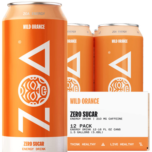 ZOA Zero Sugar Energy Drinks - Wild Orange | Healthy Energy Formula with Natural Caffeine, Daily Vitamin C, Essential B-Vitamins | Gluten-Free, Keto Friendly | 16 Ounce Cans (Pack Of 12)