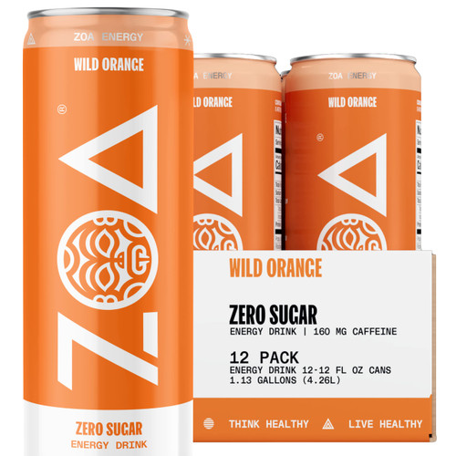 ZOA Zero Sugar Energy Drinks - Wild Orange | Healthy Energy Formula with Natural Caffeine, Daily Vitamin C, Essential B-Vitamins | Gluten-Free, Keto Friendly | 12 Ounce Cans (Pack Of 12)