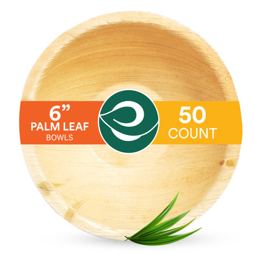ECO SOUL 100% Compostable Large 6 Inch 16 Oz Palm Leaf Bowls [50-Pack] Disposable Dessert Bowls Bamboo Style I Heavy Duty Eco-Friendly Sturdy Bowl I Biodegradable Eco Bowls