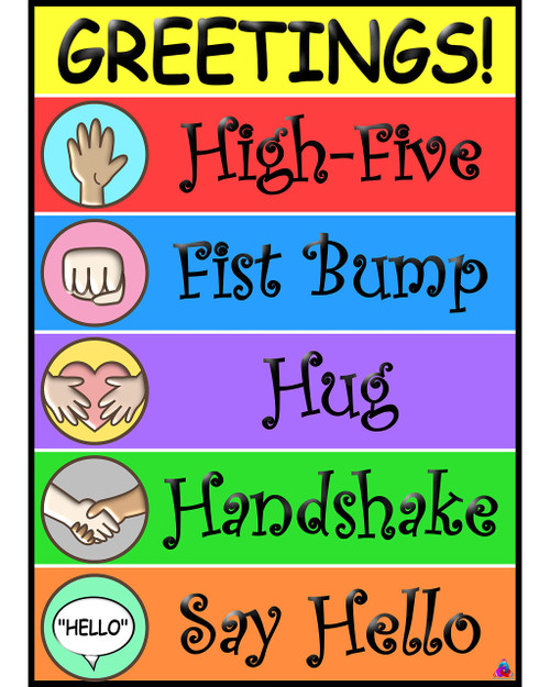 Greetings Poster for Kids- Laminated, Size 14x19.5 in.- Classroom Decorations, Pediatrician Doctors Office Decor, Back To School and Teachers Supplies, Preschool and Elementary Welcome Sign