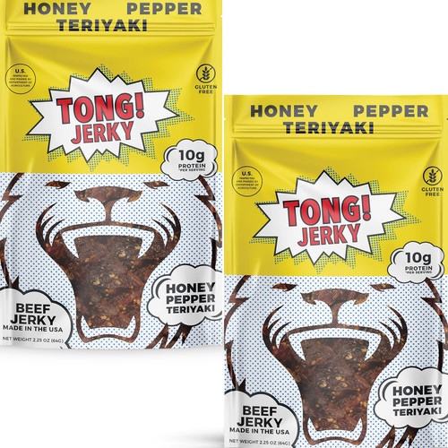 Tong Jerky Beef Jerky Honey Pepper Teriyaki 2 Pack - Made in the USA - Artisan Biltong Beef Jerky - 2x 2.25oz Bags