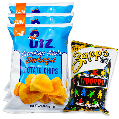 Utz Carolina Style Barbeque Potato Chips (3, 2.75oz bags) - Variety Pack - Zapps New Orleans Tangy Spice Voodoo Kettle Chips (1, 8oz) - 4 Bags Total Utz Carolina Style Barbeque Potato Chips (3, 2.75oz bags) - Variety Pack - Zapps New Orleans Tangy Spice Voodoo Kettle Chips (1, 8oz) - 4 Bags Total