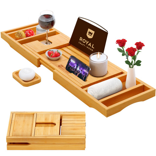 Foldable Bathtub Tray Caddy Bamboo Bathtub Tray Expandable, Bath Tub Table Caddy with Extending Sides - Free Soap Dish