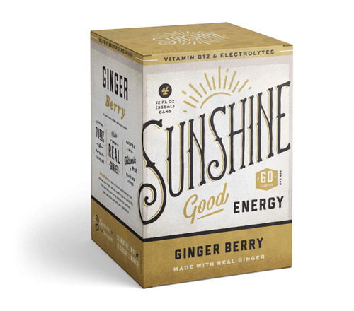 Sunshine Sparkling Energy Drink, Ginger Berry, Vitamin B12, Electrolytes, 70mg of Natural Caffeine,12 oz (Pack of 4)