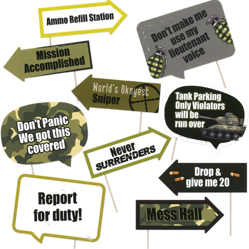 Funny Army Photo Booth Props - Military Camouflage Hero Themed Party Decorations - Funny Photography Supplies - Selfie Props with Sticks - 10pcs