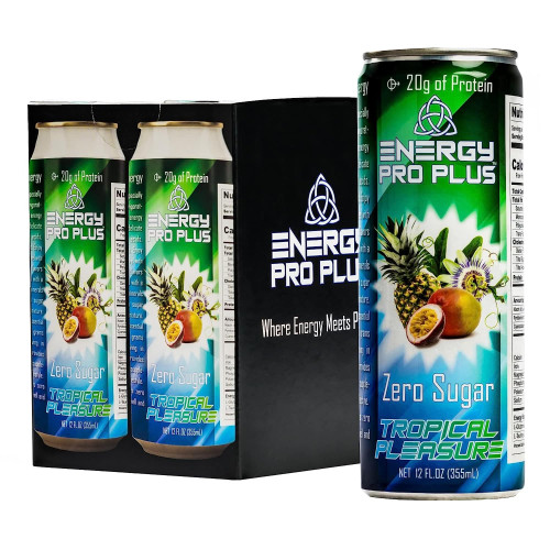 Energy Pro Plus Energy Drink with Amino Acid, Vitamin B Complex, Caffeine, Whey Protein & Minerals - Zero Sugar, Carbs & Trans Fats - Tropical Flavor (Pack of 4)