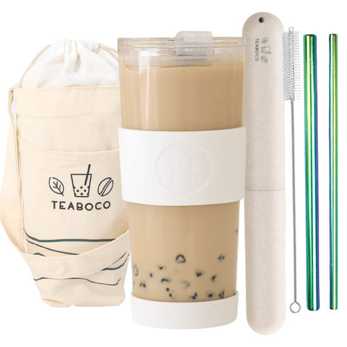 TEABOCO 24 oz Reusable Boba Cup/Smoothie Cup with Straw- Boba Tea Cup with Tote Bag, Glass Cup with Lid - Bubble Tea Cup for Milk Tea, Coffee, Smoothies (Pearl White)