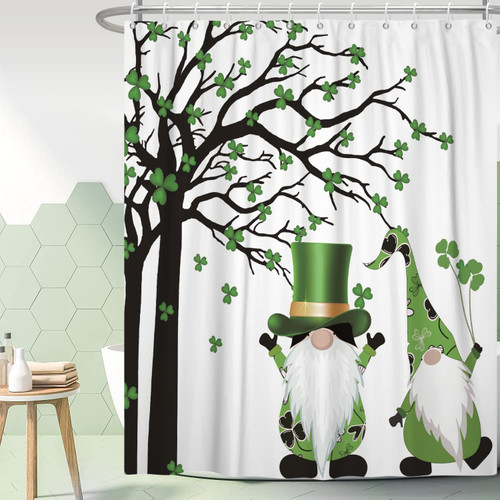 St.Patrick's Day Gnome Shower Curtain,Green Shamrock Tree Shower Curtain Irish Elf Bathroom Curtain Clover Hat Waterproof Polyester Fabric Bath Curtain with 12 Hooks,72" x 72"