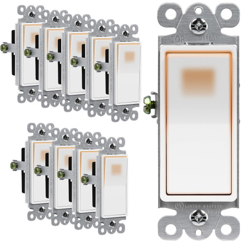 ENERLITES Illuminated Decorator Paddle Light Switch, Single Pole, Push-in and Side Wiring, Copper Wire Only, Grounding Screw, Residential Grade, 15A 120-277V, UL-Listed, 91160-W-10PCS, White 10 Pack