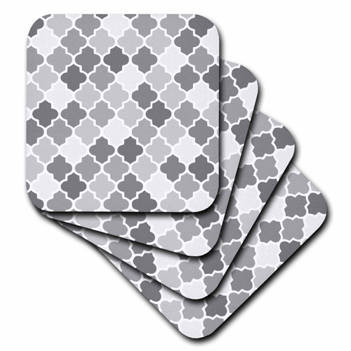 3dRose CST_120263_1 Gray Quatrefoil Patternin Different Shades of Grey Trendy Moroccan Style Lattice Tiles Soft Coasters, Set of 4
