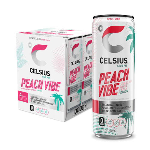 CELSIUS Sparkling Peach Vibe, Functional Essential Energy Drink 12 Fl Oz (Pack of 4)