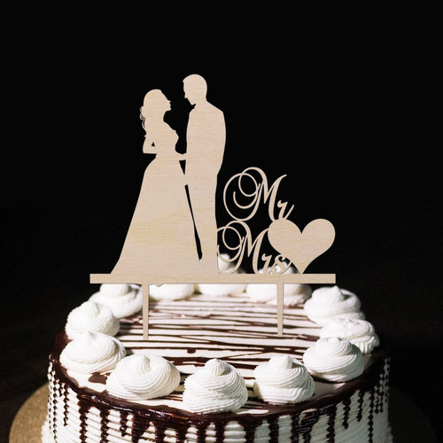 Bride And Groom Cake Topper Hearts Mr & Mrs Wedding Cake Topper Silhouette Rustic Personalized Name Date For Wedding Bridal Shower Wedding Decorations Anniversary Wedding Gifts Natural Wood