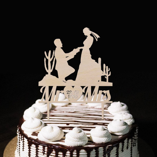 Mr & Mrs Silhouette Cake Toppers Mr & Mrs Wedding Anniversary Cake Toppers Silhouette Funny Personalized Name Date For Engagement Bride to Be Party Supplies Wedding Gifts For Couple Natural Wood