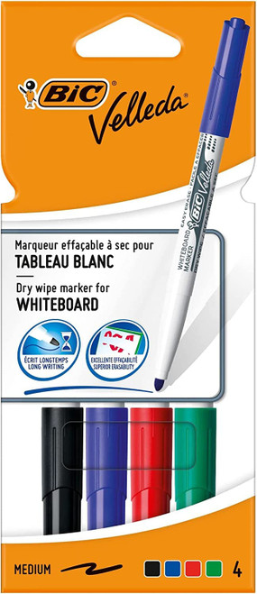 BIC Velleda 1741 Whiteboard Markers, Medium Bullet Nib Pens - Durable Plastic Wallet - Assorted Colours, Pack of 4