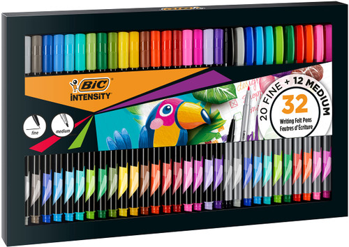 BIC Intensity Writing Felt Pens With Fine And Medium Writing Felt Pens In Assorted Colours, Pack Of 32