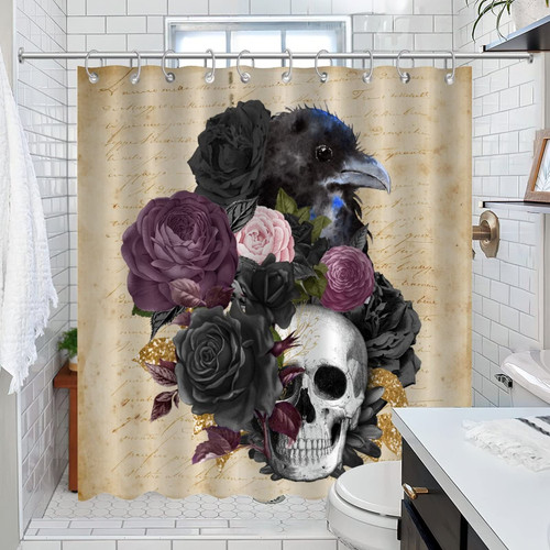 Skull Skeleton and Crow Rose Shower Curtains Creepy Halloween Spooky Bathroom Curtain Home Bathroom Decorations Polyester Fabric Modern Shower Curtain with Rustproof Grommet Holes 72x84 Inch