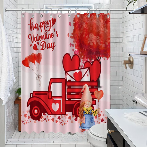 Heavy Duty Valentine's Day Gnome Red Truck Shower Curtain for Bathroom Watercolor Holiday Romantic Bathroom Curtain for Hotels Bathtubs Polyester Fabric Bath Curtain Machine Washable 47x72 Inch