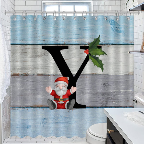 Farmhouse Christmas Monogram Initial Y Shower Curtain for Bathroom Christmas Santa Claus Winter Shower Curtains for Hotels Bathtubs Polyester Shower Curtain Set with Hooks Machine Washable 72x72