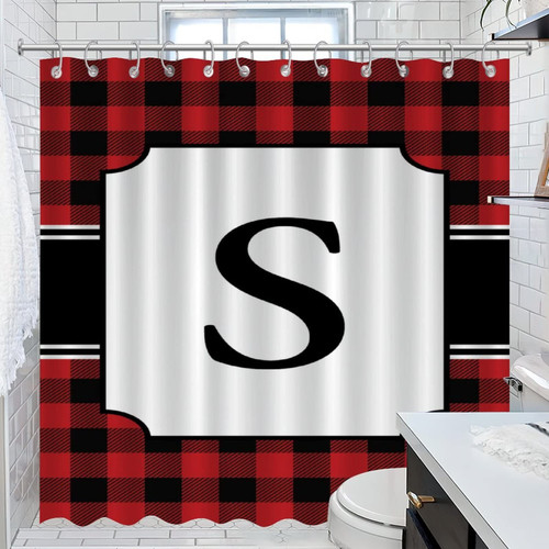COVOME Long Christmas Monogram Initial S Bathroom Shower Curtain Sets Buffalo Plaid Check Seasonal Winter Bath Curtain for Bathroom Polyester Fabric Bathroom Curtain Machine Washable 72x72 Inch