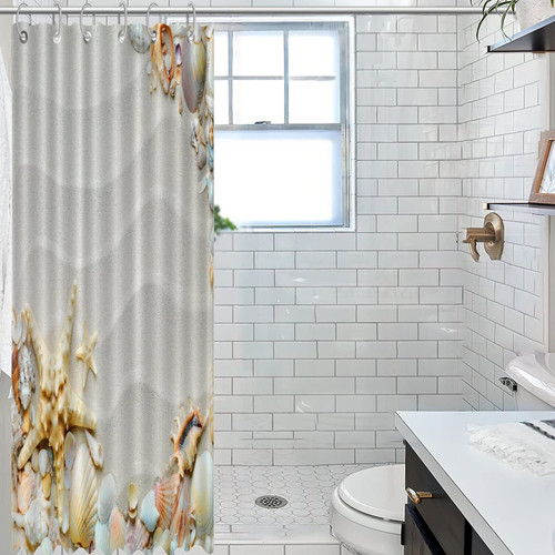 COVOME Bath Curtain Beach Ocean Theme Starfish Seashell Shower Curtain Shoreline Seascape Pictures Water Resistant Bathroom Shower Curtain Home Bathroom Decorations 35x71 Inch