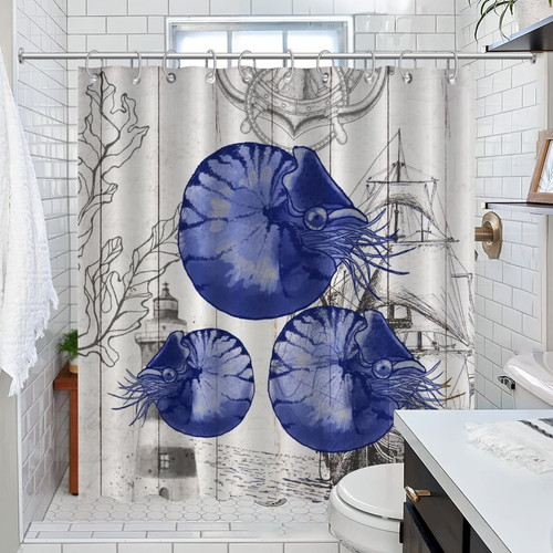 Water Repellent Nautical Beach Ocean Theme Underwater Jellyfish Shower Curtain Set with Hooks Bathroom Shower Curtain Sets for Bathroom Under The Sea Octopus Crab Fish Shower Curtain Washable 72x84
